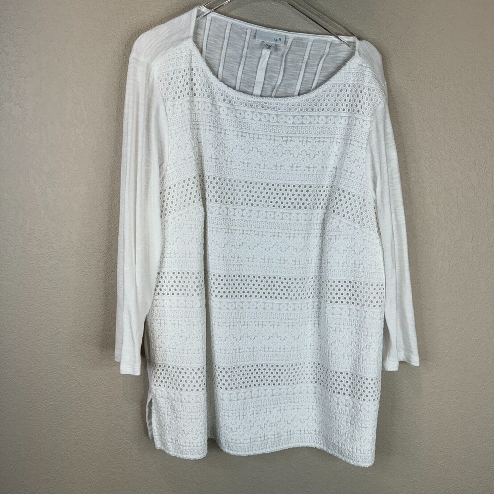 J. Jill Women's Eyelet‎ Lace Embroidery Detail Tunic Top 3/4 Sleeve White Size M